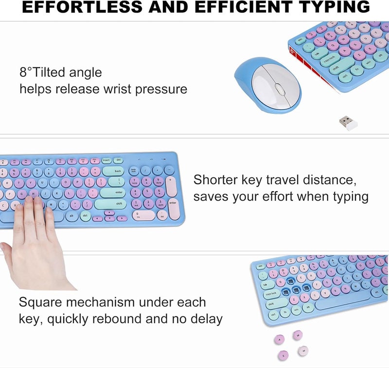 GUKJOB Wireless Keyboard and Mouse Combo, Retro Typewriter Keyboard with Round Keycaps, 2.4GHz USB Cute Wireless Keyboard Mouse for Computer, Desktop, Laptop and Computer (Rainbow Blue) - Image 4
